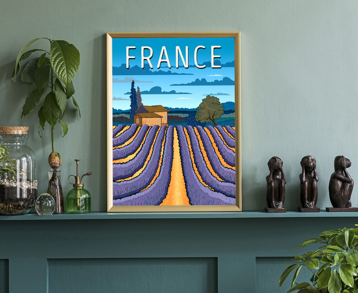 France Provence Lavender Field Farmhouse Blue Sky Travel Poster - Image 3
