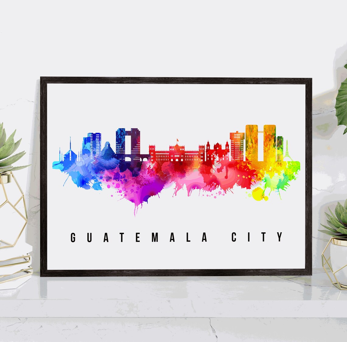 Guatemala City Rainbow Watercolor Skyline Silhouette Travel Poster
