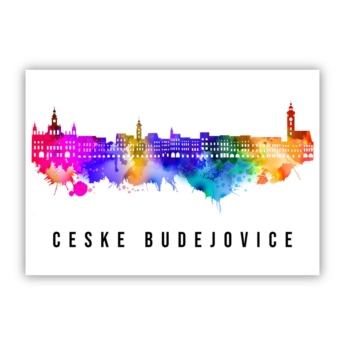 Ceske Budejovice Czechia Rainbow Watercolor Skyline Travel Poster - Image 2
