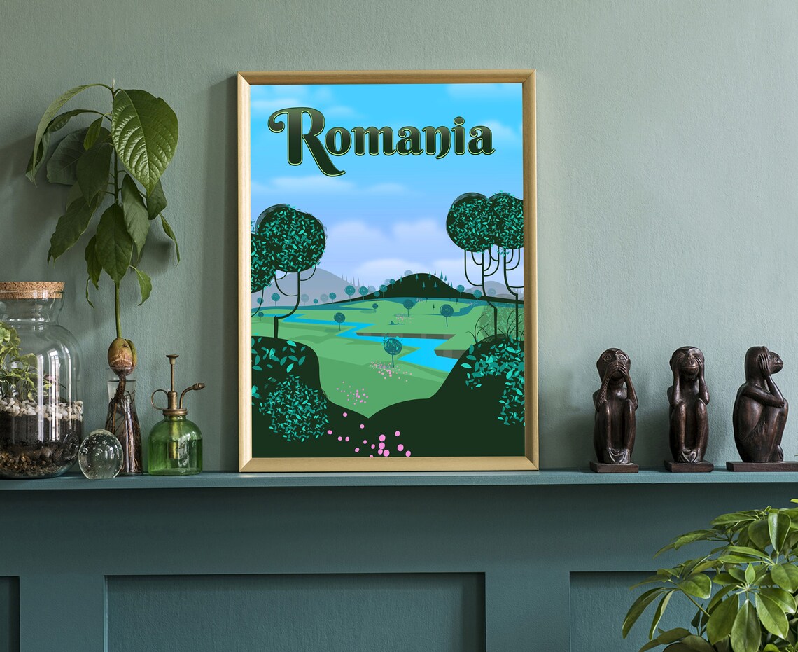 Romania Rolling Green Hills River Valley Scenic Travel Poster - Image 3