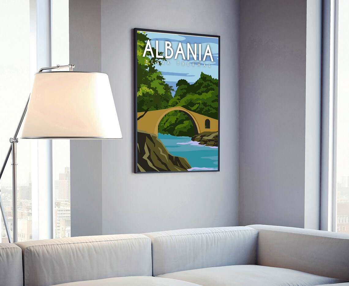 Albania Benja Thermal Stone Bridge Retro Nature Travel Poster - Image 4
