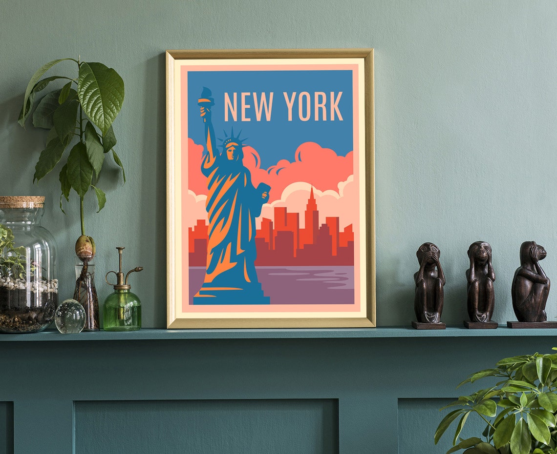 New York Statue of Liberty Retro Sunset Harbor Skyline Travel Poster - Image 3
