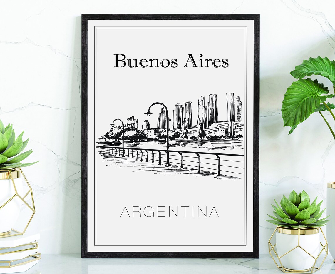 Buenos Aires Argentina Waterfront Skyline Docks Hand Sketch Art Poster
