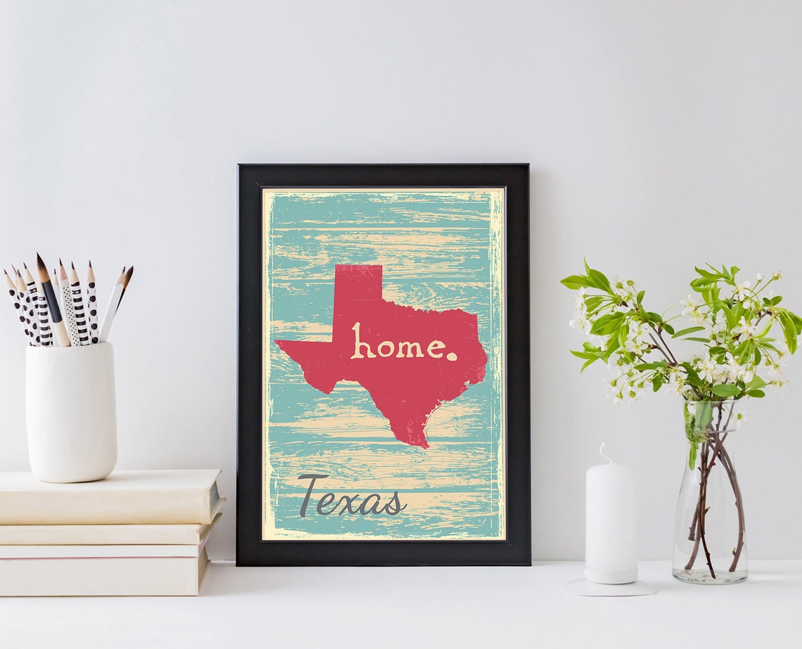 Texas Home State Silhouette Rustic Teal Coral Map Wall Poster - Image 2