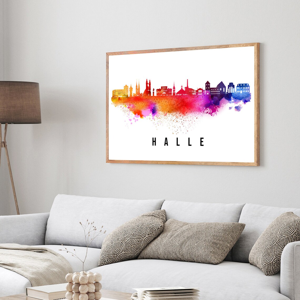 Halle Belgium Rainbow Watercolor Skyline Old Town Silhouette Art - Image 3