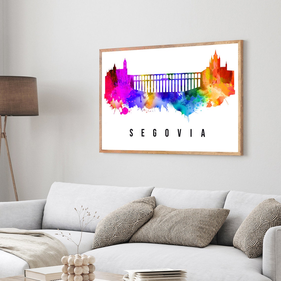 Segovia Spain Roman Aqueduct Rainbow Watercolor Skyline Poster - Image 3