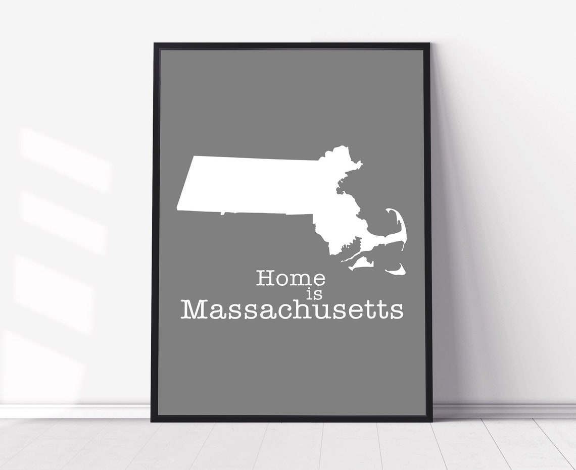 Massachusetts Home Is Gray Minimalist State Map Silhouette Wall Art