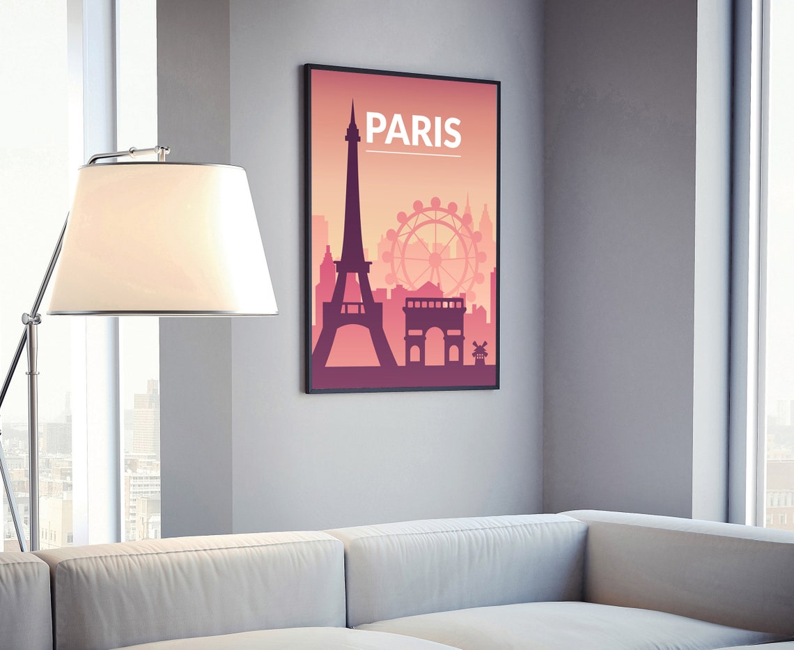 Paris Eiffel Tower Retro Sunset Vector Travel Poster Pink Sky Print - Image 4