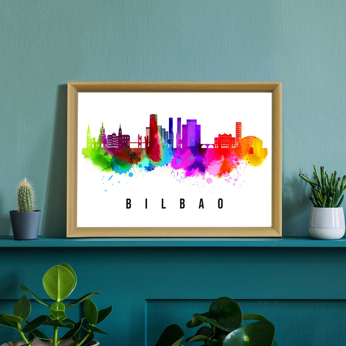 Bilbao Spain Rainbow Watercolor Skyline Modern Cityscape Travel Poster - Image 2