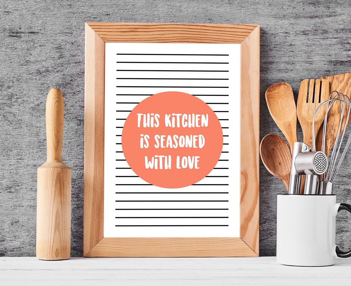 This Kitchen Is Seasoned With Love Coral Striped Modern Quote Poster - Image 3