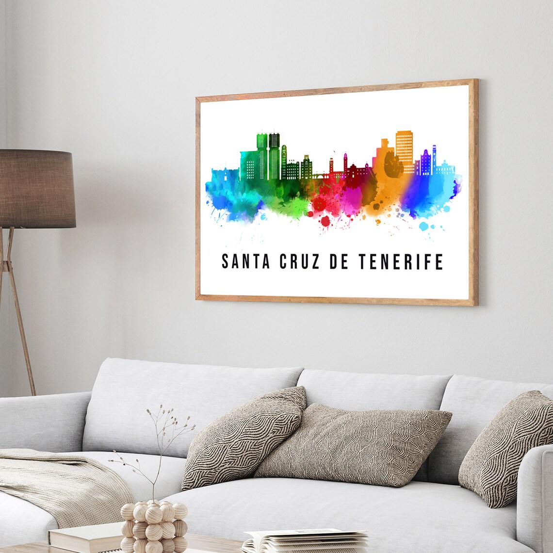 Santa Cruz De Tenerife Spain Rainbow Watercolor Skyline Poster - Image 3