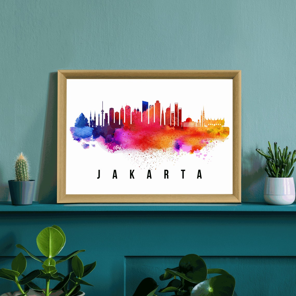 Jakarta Indonesia Rainbow Watercolor Skyline Cityscape Modern Poster - Image 3