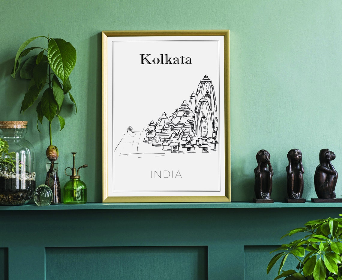 Kolkata India Temple Spires Hand Drawn Line Art Wall Decor Poster - Image 3