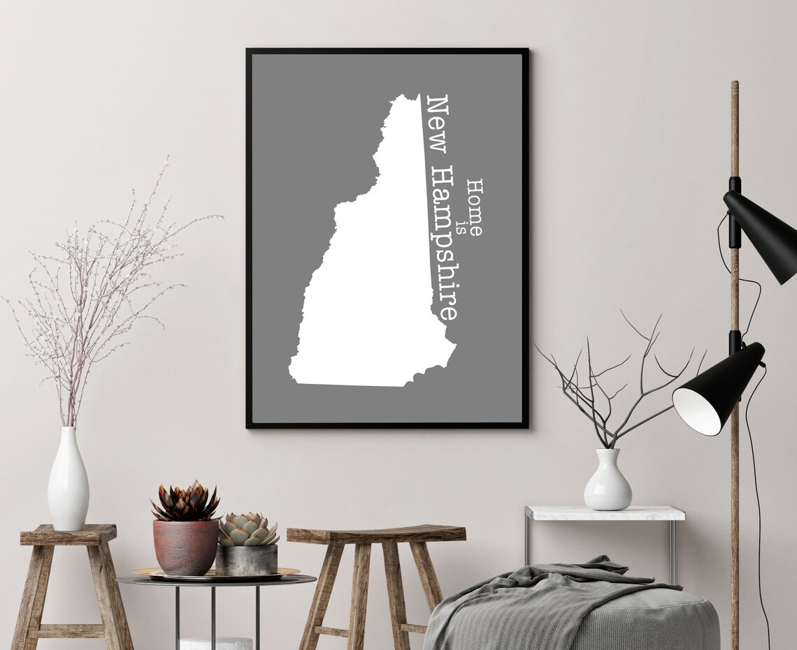 New Hampshire Home Is Gray Minimalist State Map Silhouette Wall Art - Image 3