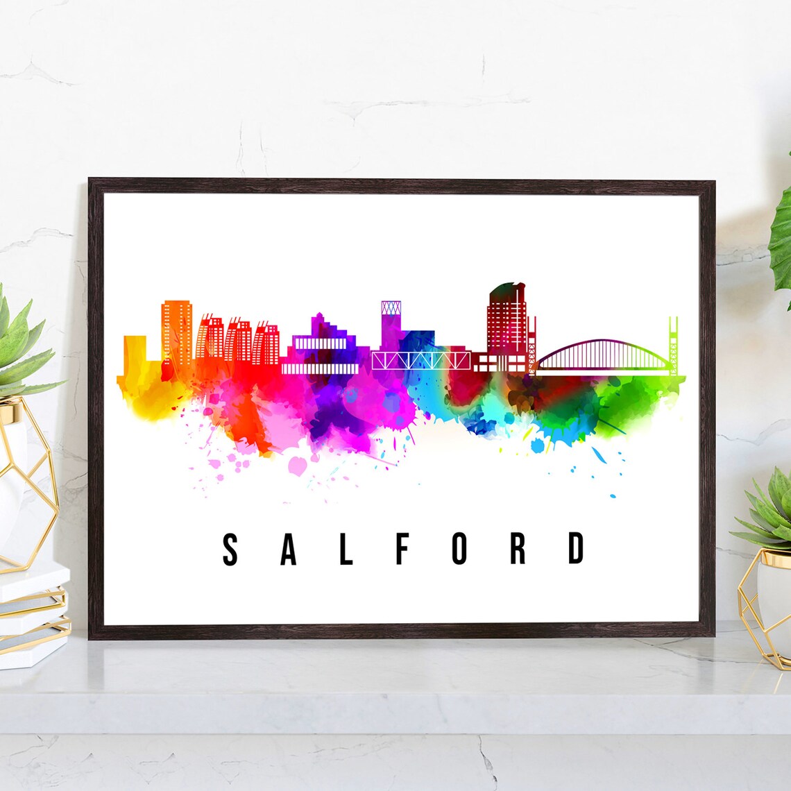 Salford England Rainbow Watercolor Skyline Cityscape Wall Art