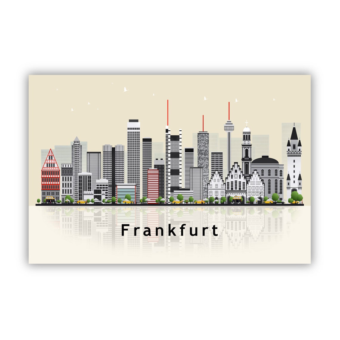 Frankfurt Germany Old Town Skyline Illustration With Reflection Poster - Image 2
