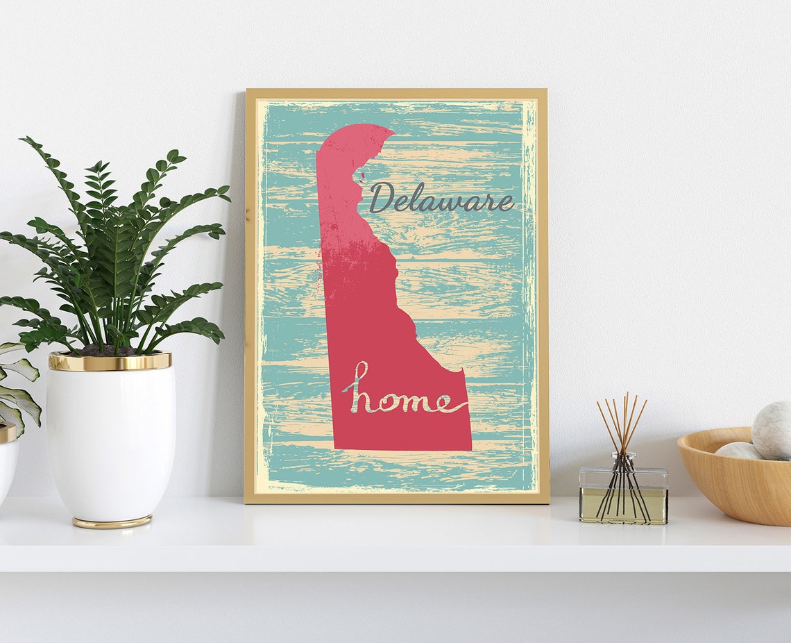 Delaware State Silhouette Home Pink Teal Distressed Wood Wall Art - Image 3