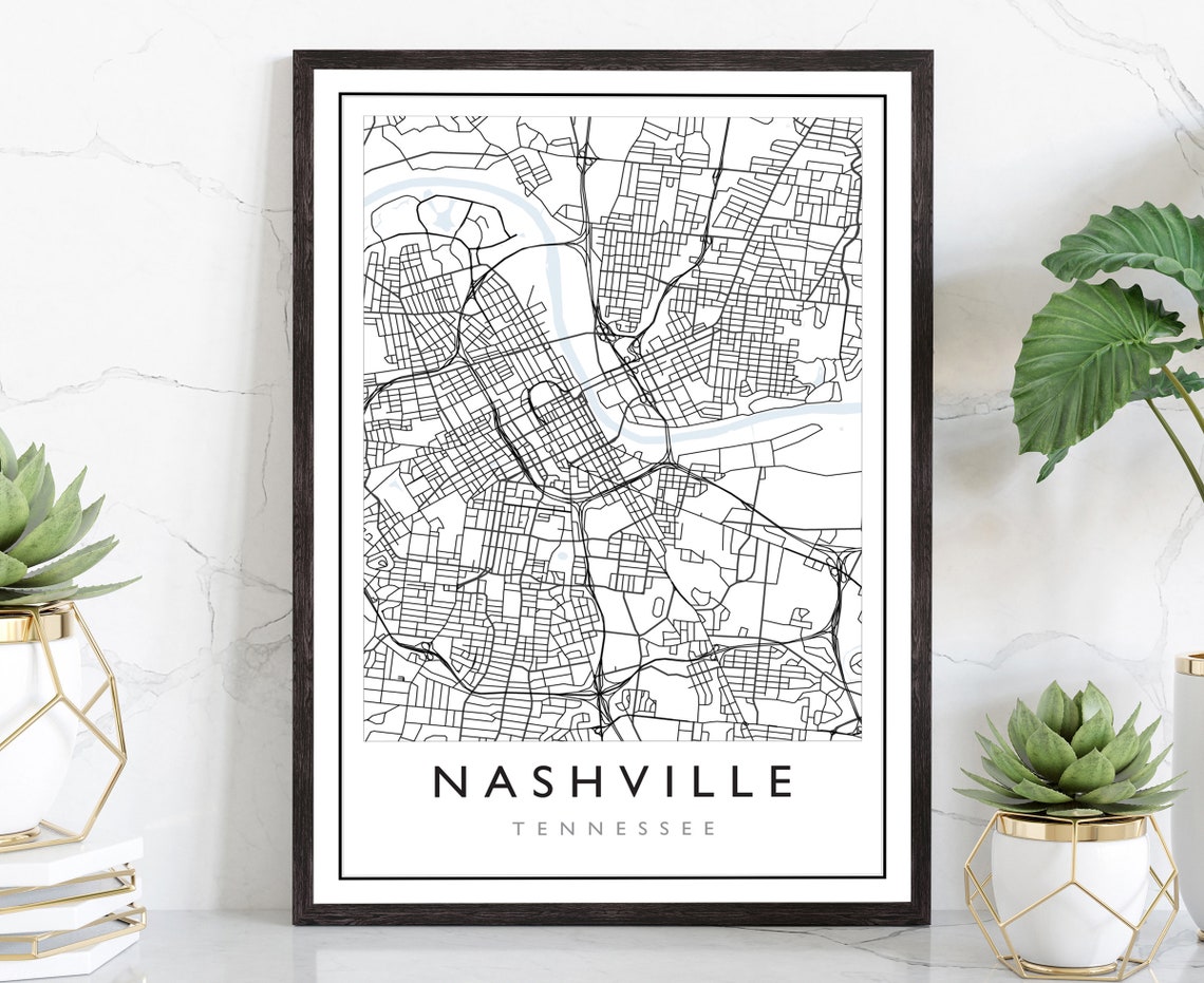 Nashville Tennessee Black White Street Map City Plan Modern Wall Art