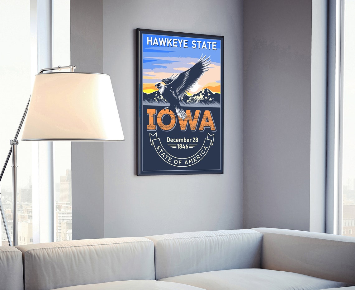 Iowa Hawkeye State Vintage Emblem Eagle Sunset Retro Poster Print - Image 4