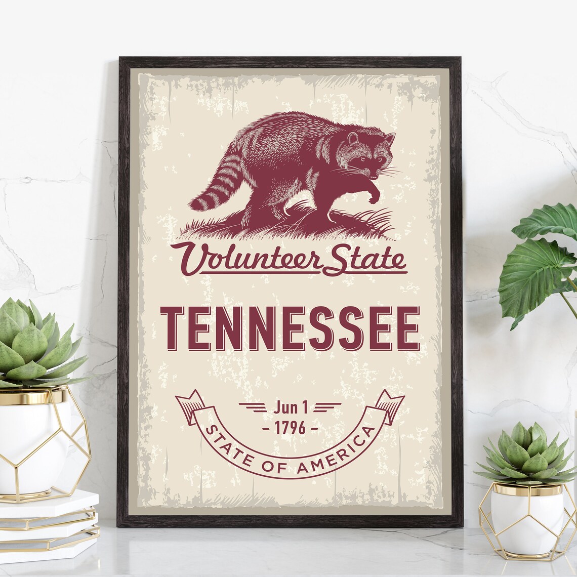 Tennessee Volunteer State Raccoon Vintage State Emblem Travel Poster