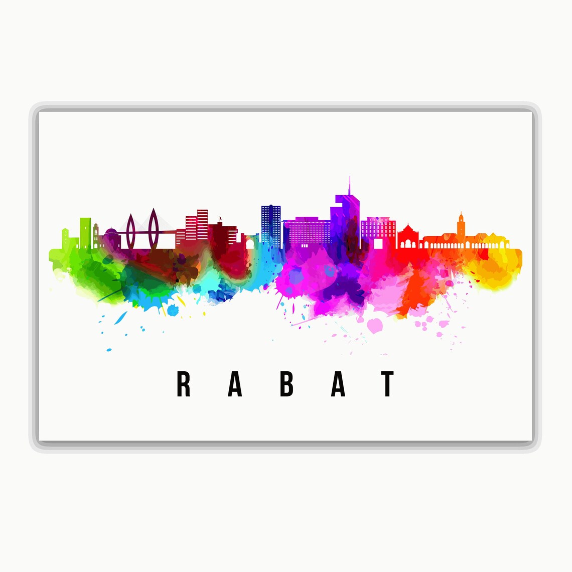 Rabat Morocco Rainbow Watercolor Splash Skyline City Travel Poster - Image 4