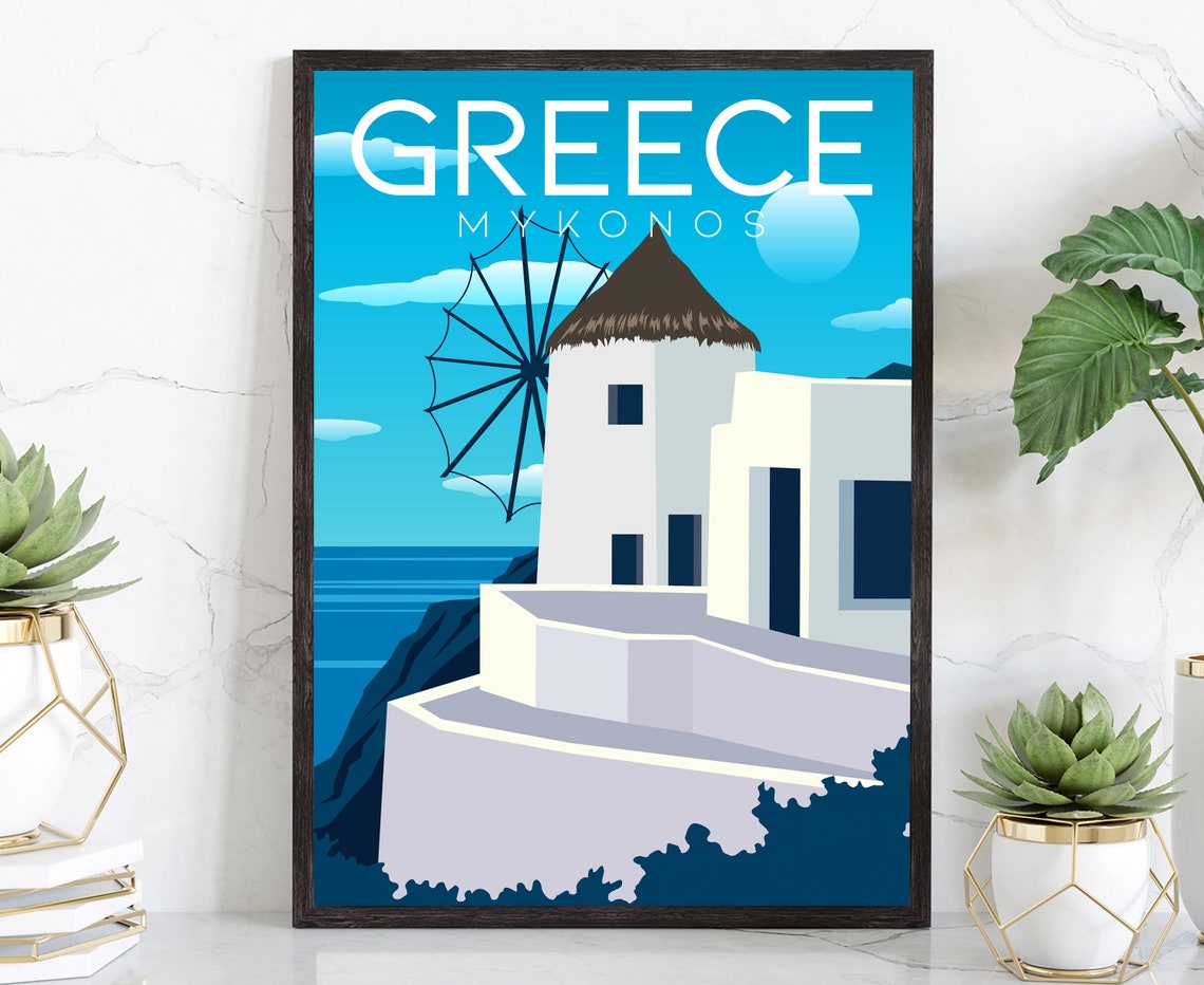 Greece Mykonos Whitewashed Windmill Bright Blue Sky Travel Poster