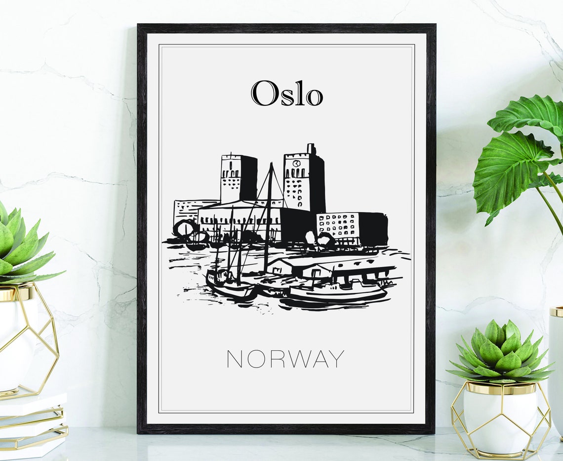 Oslo Norway Harbor City Hall Hand Drawn Black and White Sketch Poster