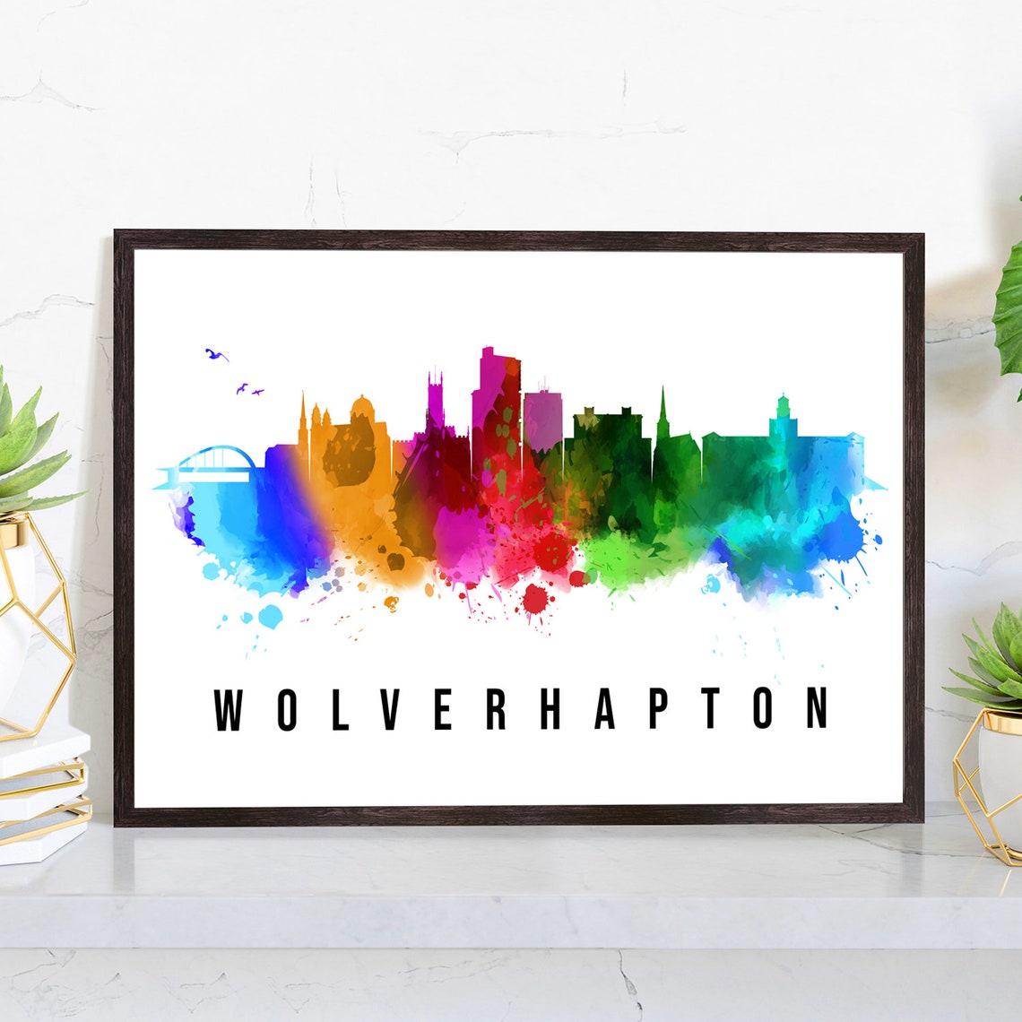 Wolverhampton England Rainbow Watercolor Skyline Cityscape Poster