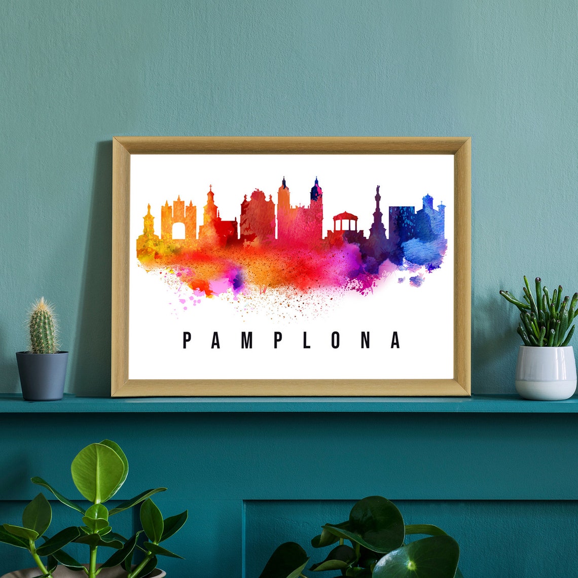 Pamplona Spain Rainbow Watercolor Cathedral Old Town Skyline Poster - Image 2