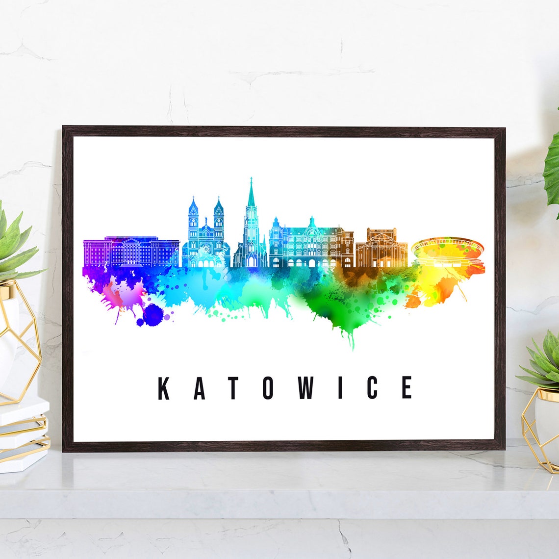 Katowice Poland Churches Arena Rainbow Watercolor Skyline Poster