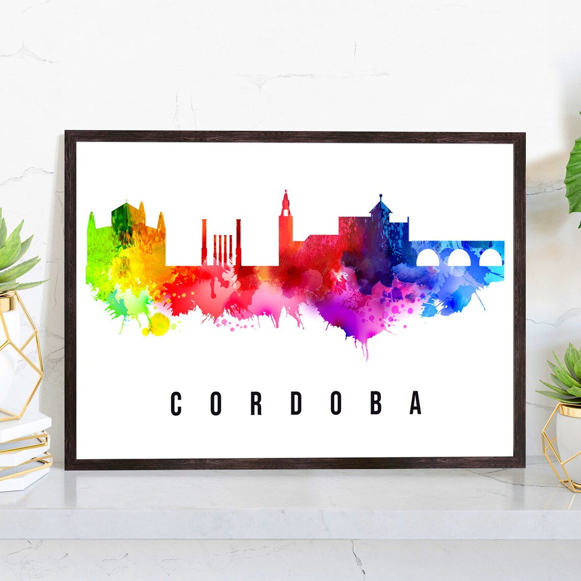 Cordoba Spain Rainbow Watercolor Skyline Historic Cityscape Art Poster