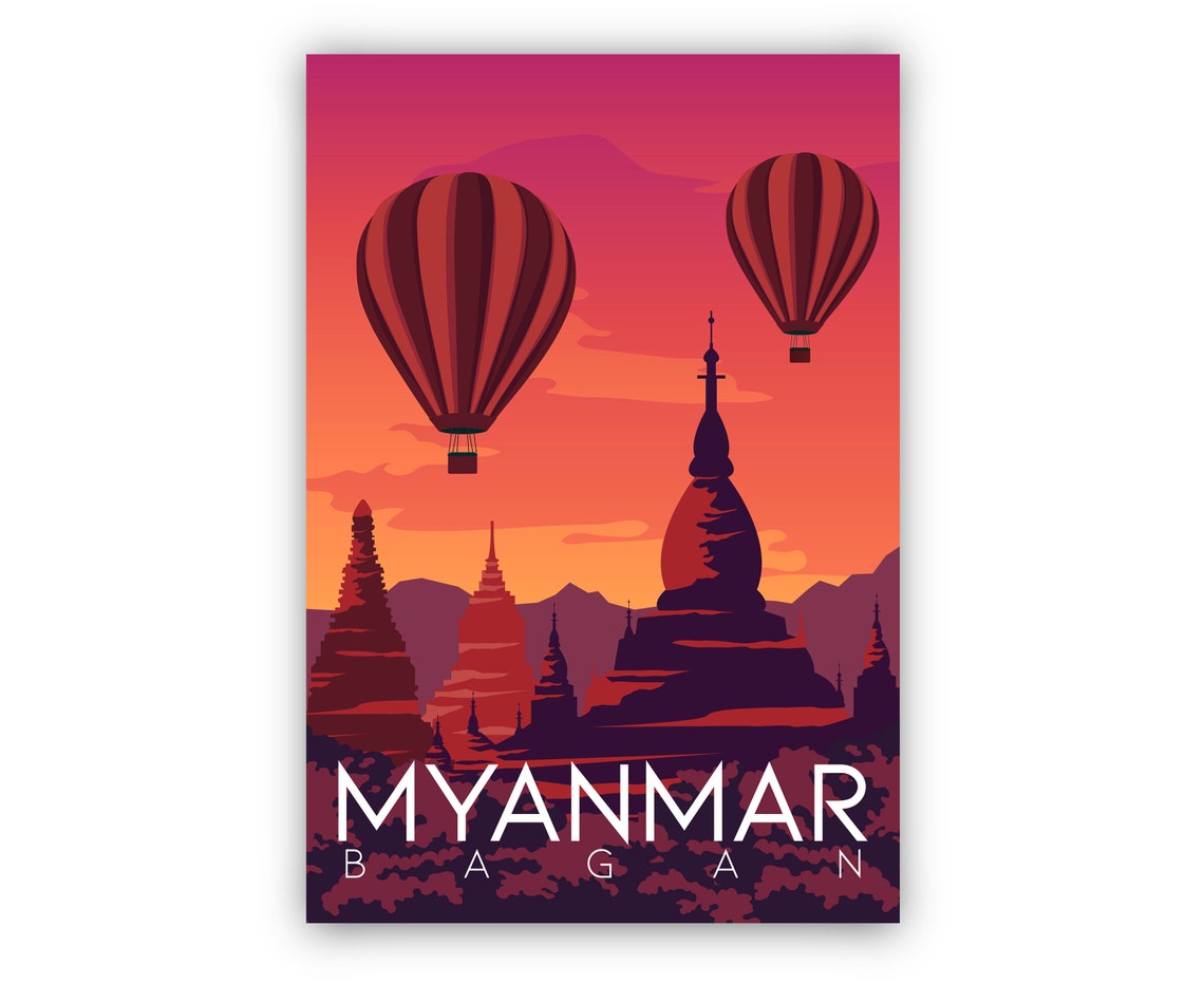 Bagan Myanmar Hot Air Balloons Temple Sunset Retro Travel Poster Print - Image 2
