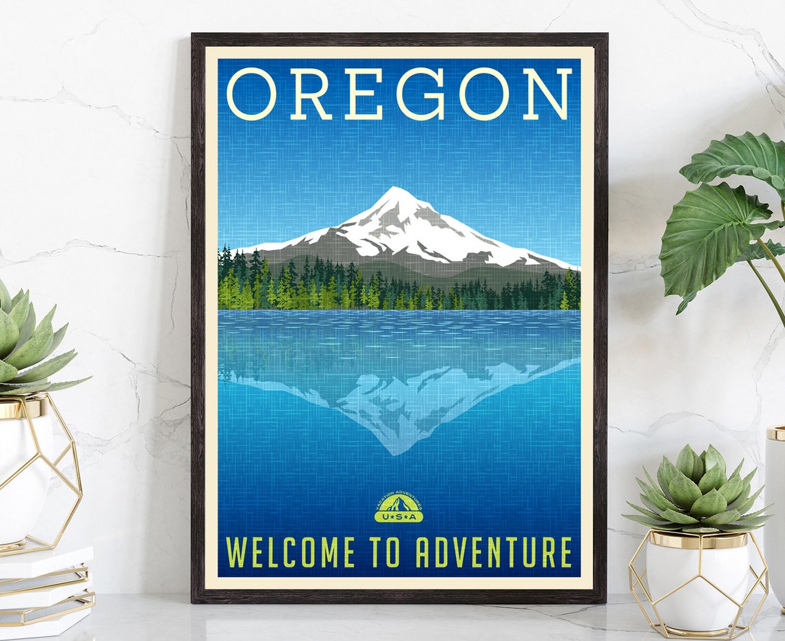Oregon Mount Hood Lake Reflection Vintage Welcome To Adventure Poster