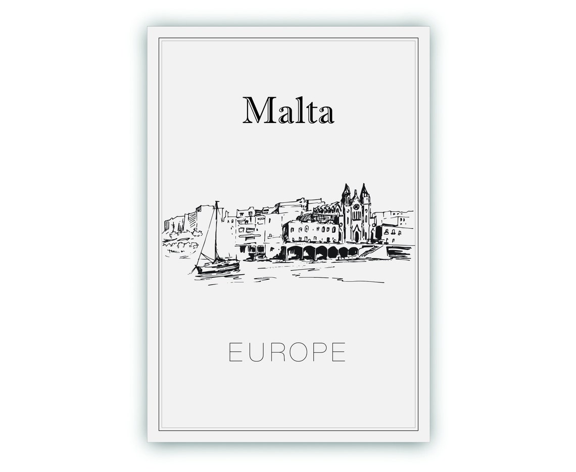 Malta Europe Old Harbor Sailboat Stone Waterfront Sketch Travel Poster - Image 2
