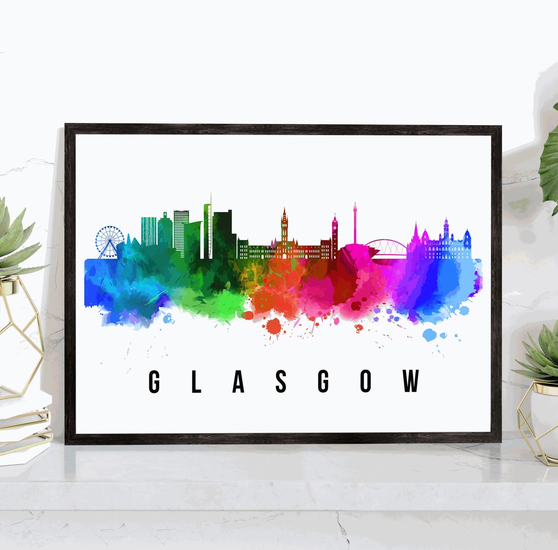 Glasgow Scotland Rainbow Watercolor Skyline Silhouette Art Poster