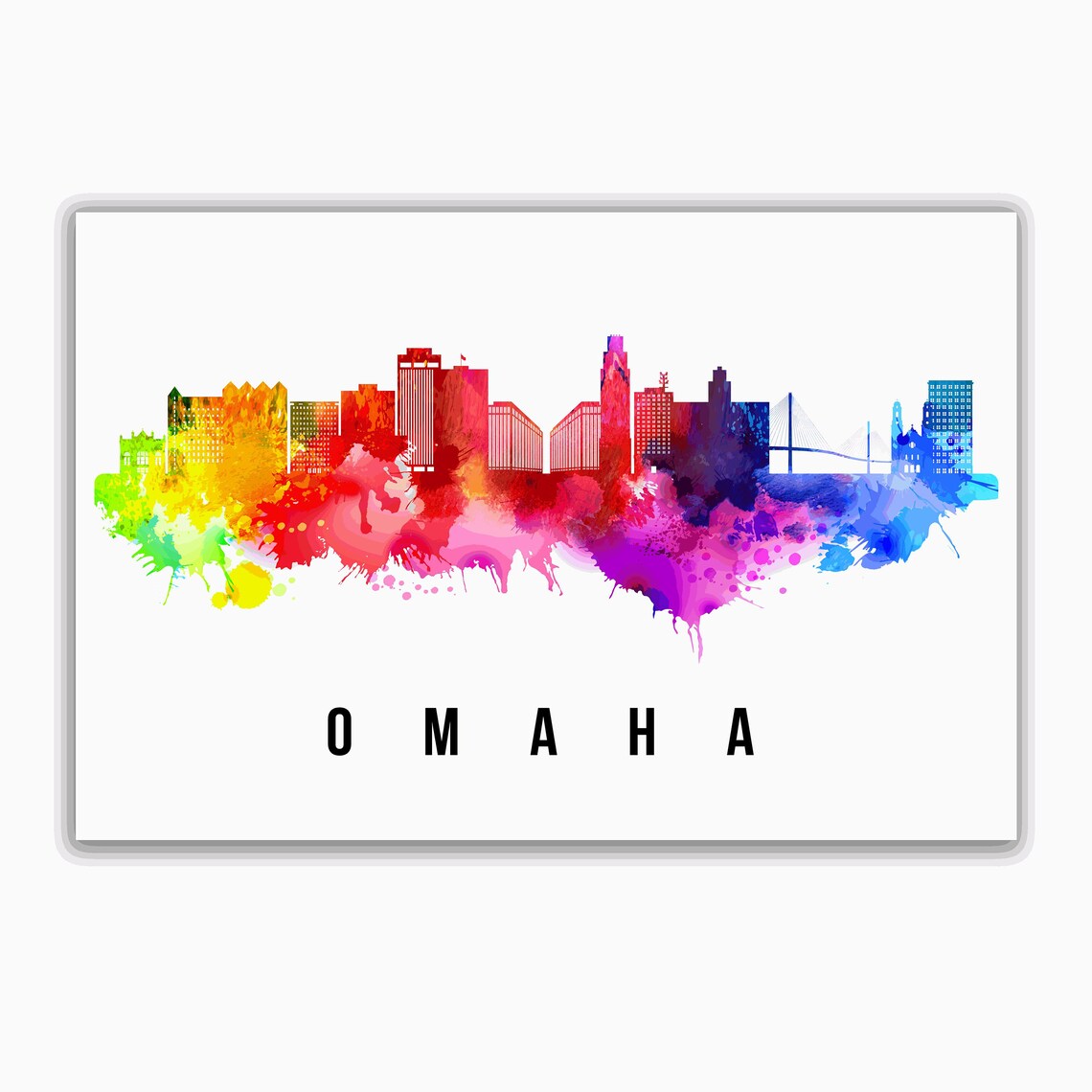 Omaha Nebraska Rainbow Watercolor Skyline Cityscape Travel Poster - Image 2