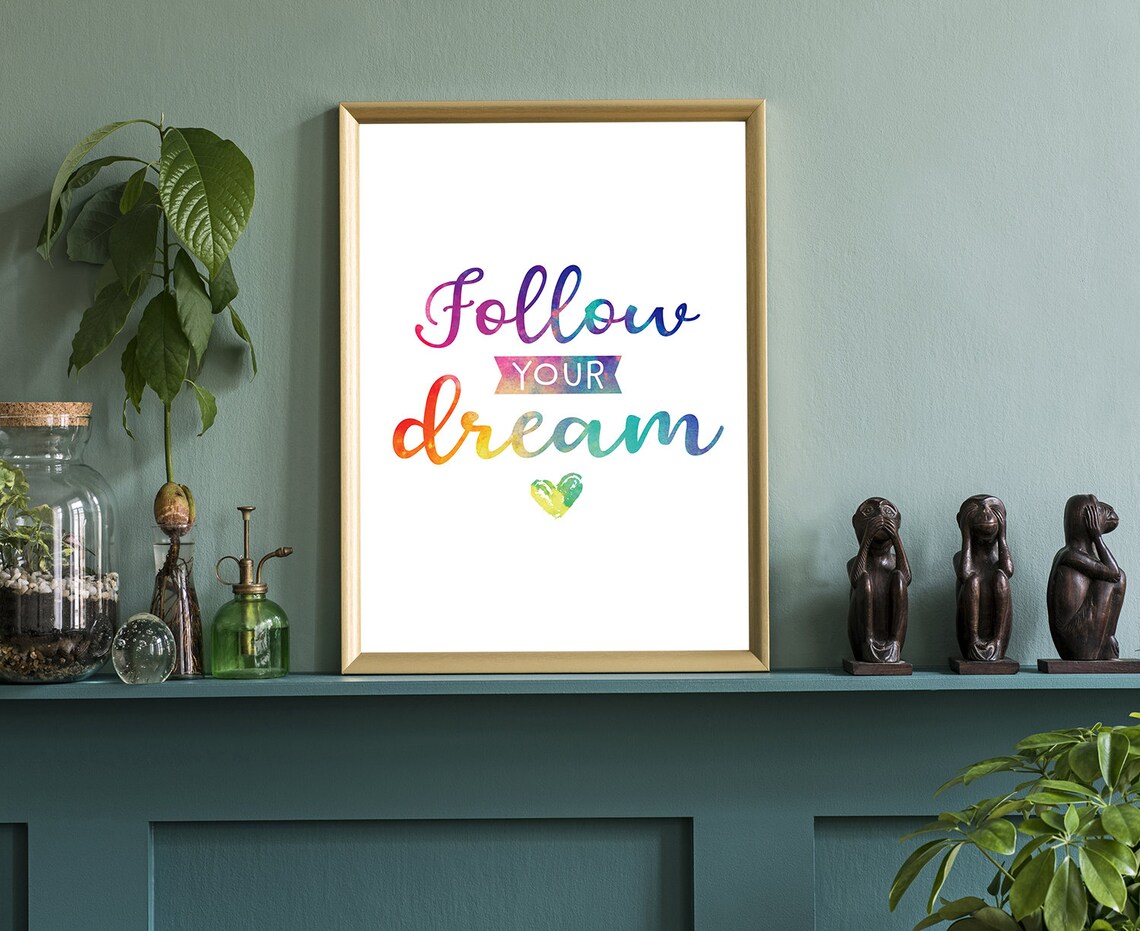 Follow Your Dream Watercolor Quote Poster Pink Script Heart Decor - Image 3