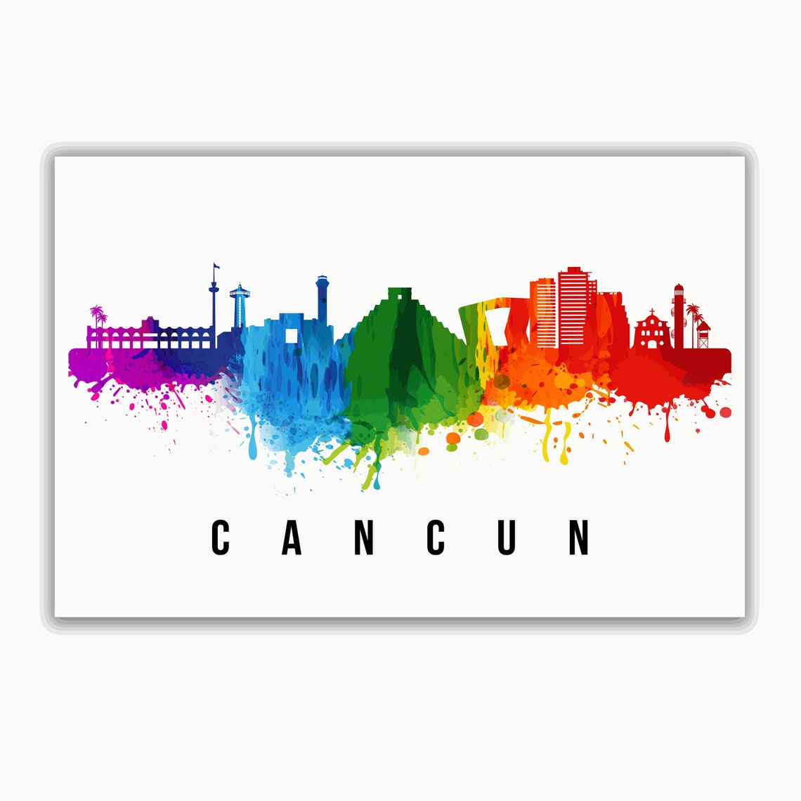 Cancun Mexico Rainbow Watercolor Skyline Beach Cityscape Travel Poster - Image 2