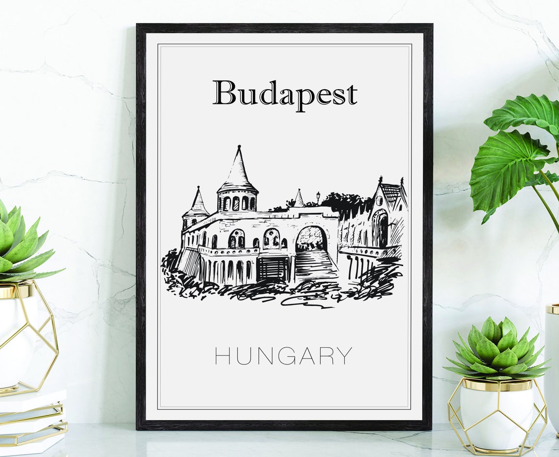 Budapest Hungary Historic Castle Palace Arched Facade Sketch Poster