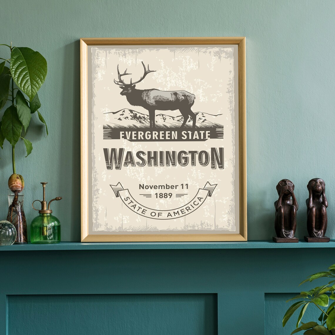 Washington Evergreen State Elk Symbol Vintage Statehood Travel Poster - Image 3