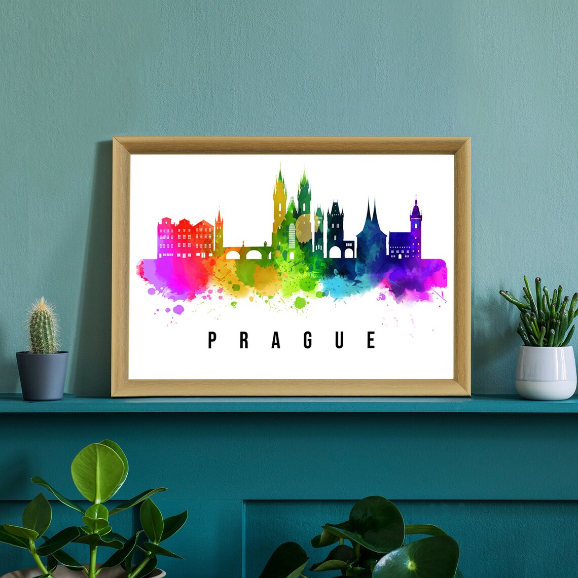 Prague Czech Rainbow Watercolor Skyline Old Town Travel Poster - Image 3