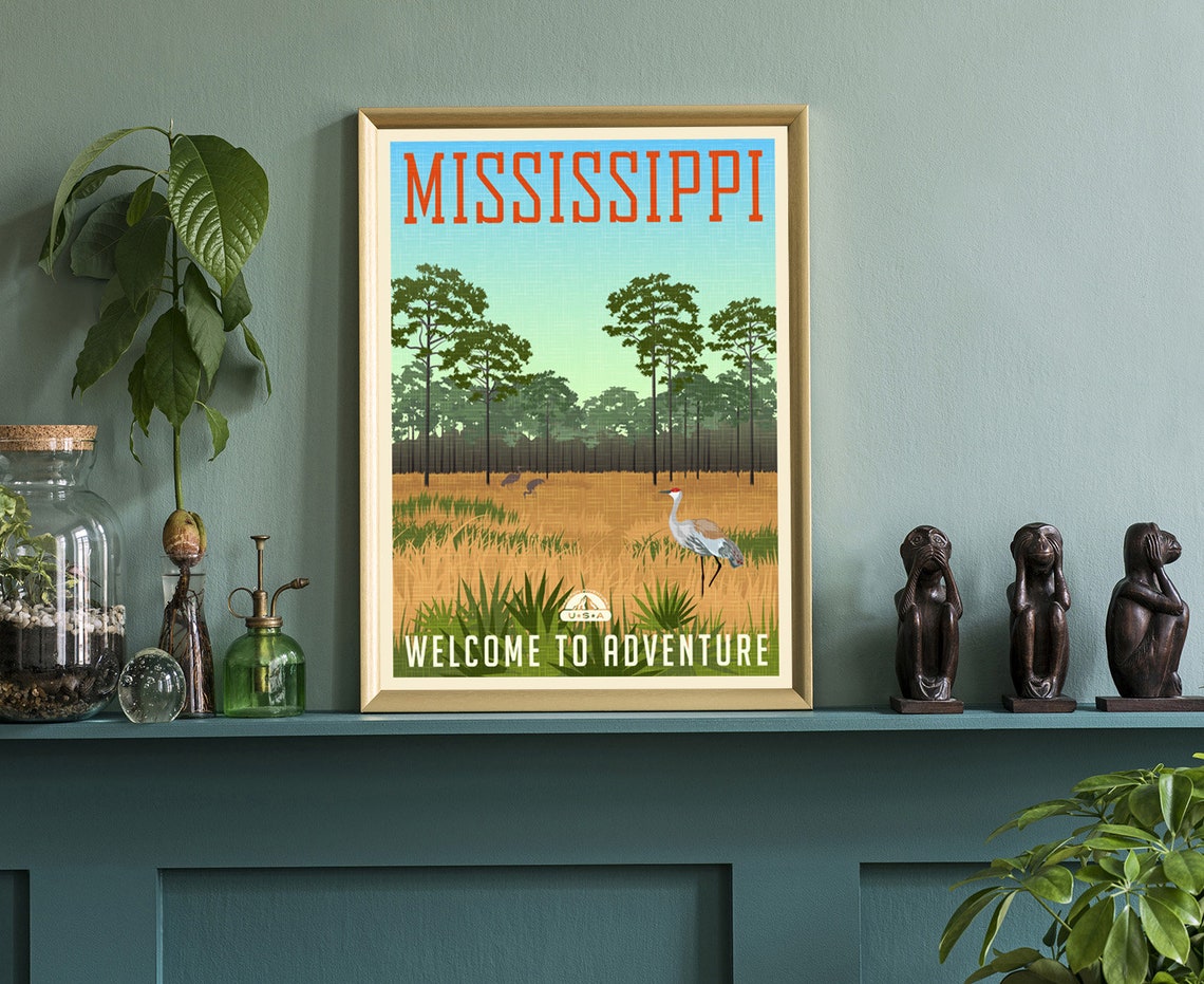Mississippi Welcome to Adventure Retro Forest Cranes Travel Poster - Image 3