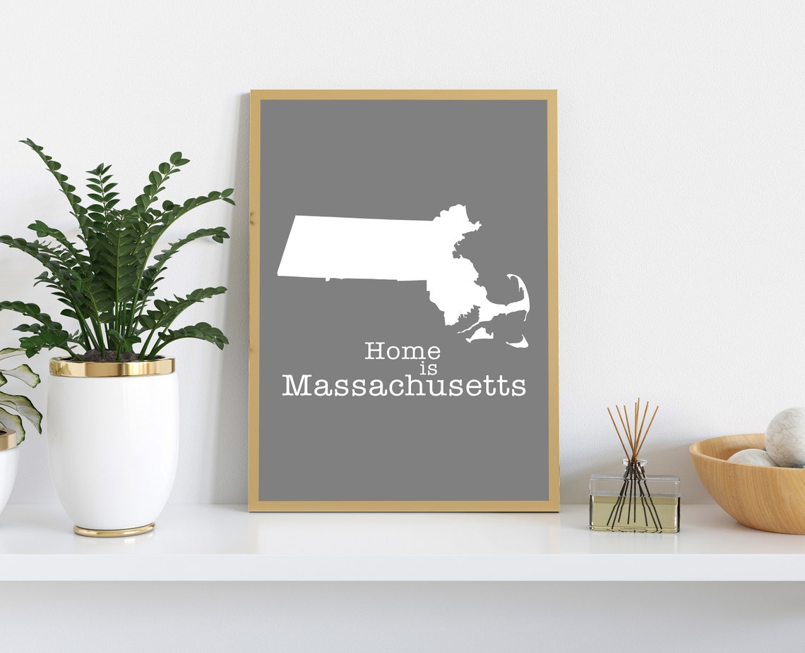 Massachusetts Home Is Gray Minimalist State Map Silhouette Wall Art - Image 2