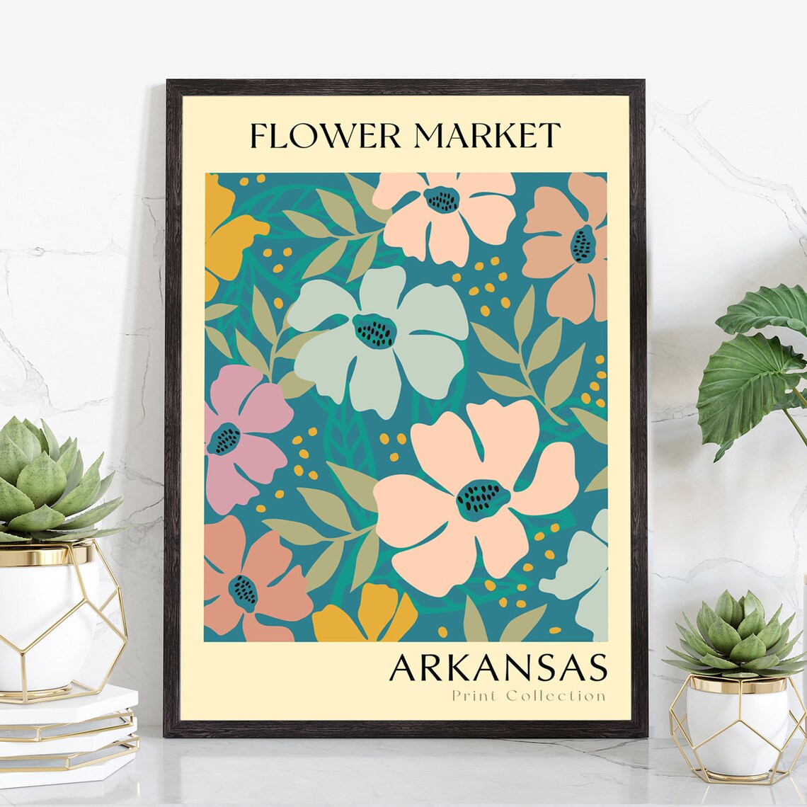 Arkansas Flower Market Teal Peach Blossom Vintage Botanical Art Poster