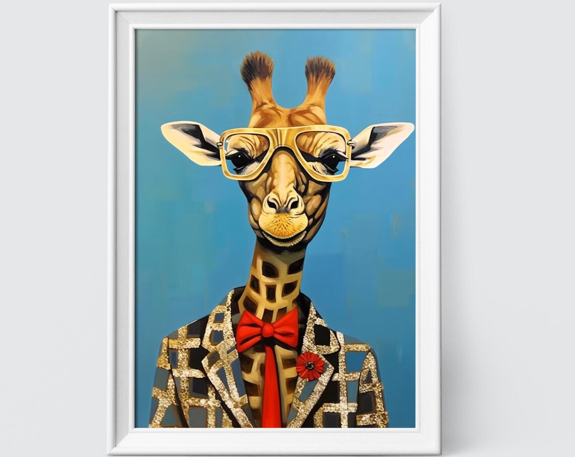 Giraffe in Gold Glasses Sequin Blazer and Red Bow Tie Portrait Poster