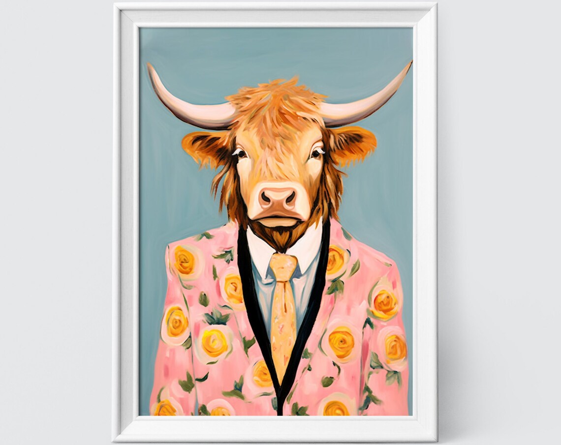 Highland Cow In Pink Floral Suit Funny Animal Portrait Wall Poster