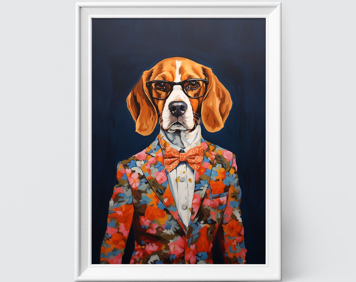 Beagle In Glasses Bow Tie Floral Suit Funny Dog Portrait Wall Art