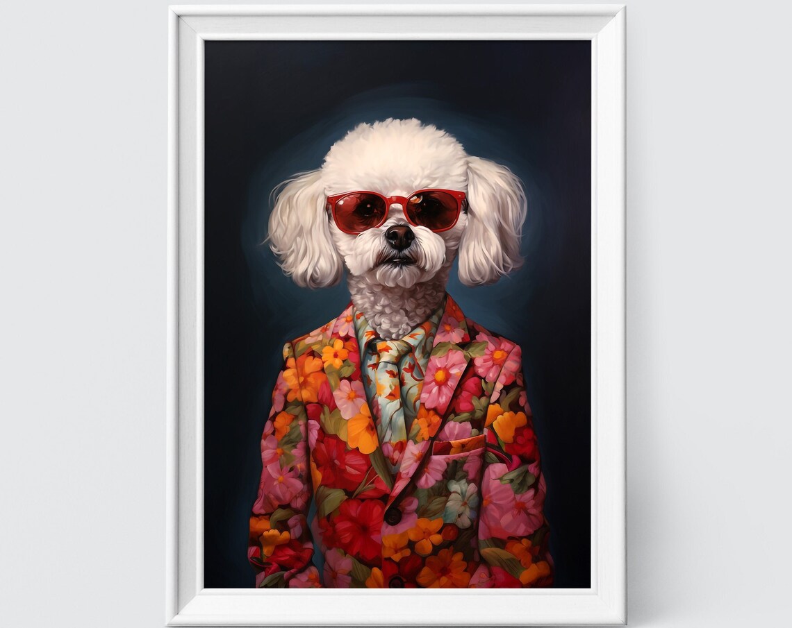 White Bichon Frise Dog in a Floral Suit Quirky Portrait Poster