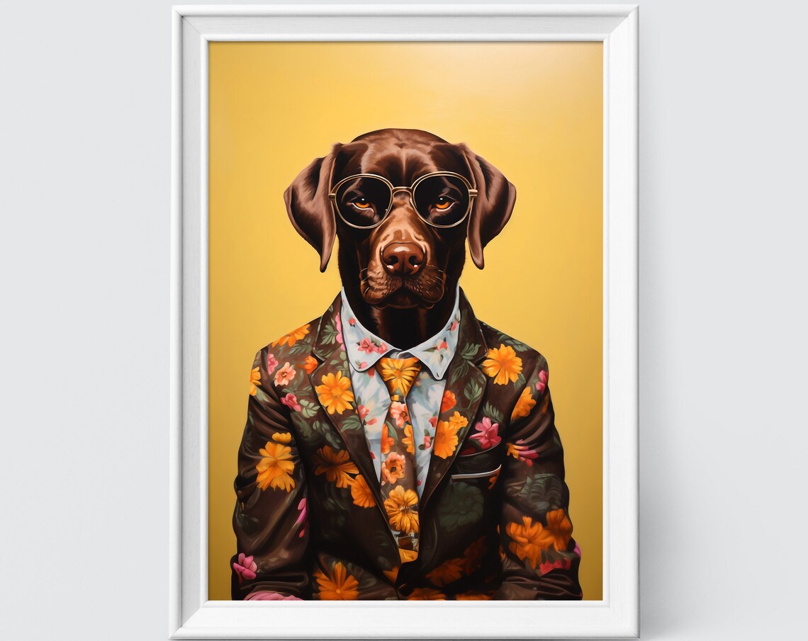 Chocolate Lab In Round Glasses Floral Suit Funny Dog Portrait Poster