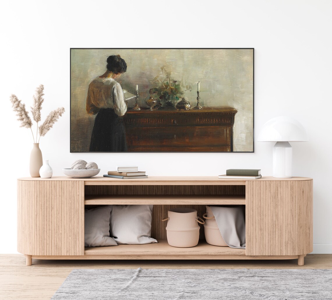 Woman Reading by Candlelight Vintage French Interior Oil Painting Poster - Image 3